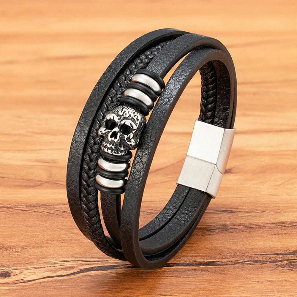 Bracelets cuir tissé crâne