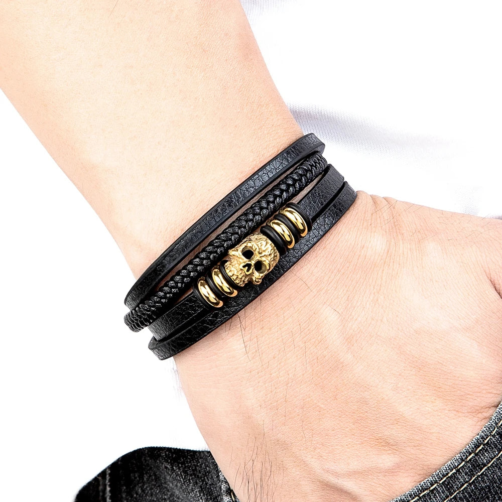 Bracelets cuir tissé crâne